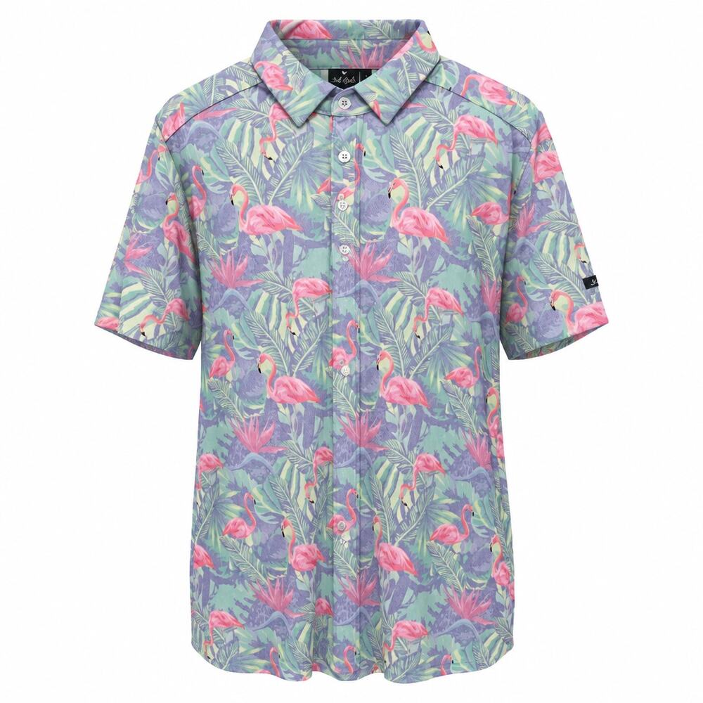 Bad Birdie Golf Polo Shirt Mens Large L Mingos Flamingo Tropical Made in USA Vtg